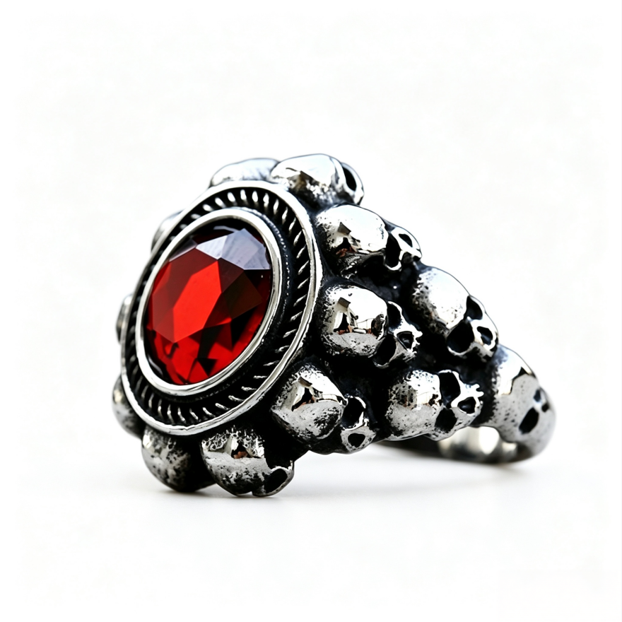 Surrounding‑Skull Red Diamond Vintage Ring