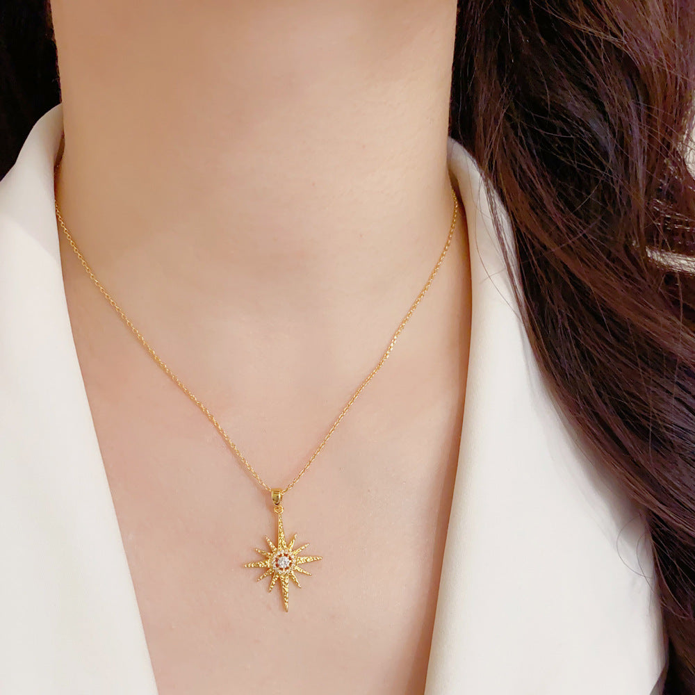 Vintage Eight‑Pointed Star Diamond Pendant Necklace, S925 Silver Two‑Tone Celestial‑Theme Women’s Collarbone Necklace