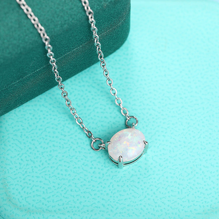 Luxury Opal Oval Solitaire Necklace (Versatile Silver Tone Clavicle Chain)