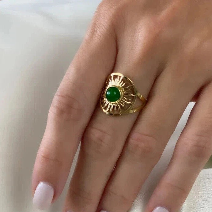 Openwork Sunburst Green Chalcedony Bezel Ring, Solid S925 Silver Gold-Plated Vintage Sun God Unique Band