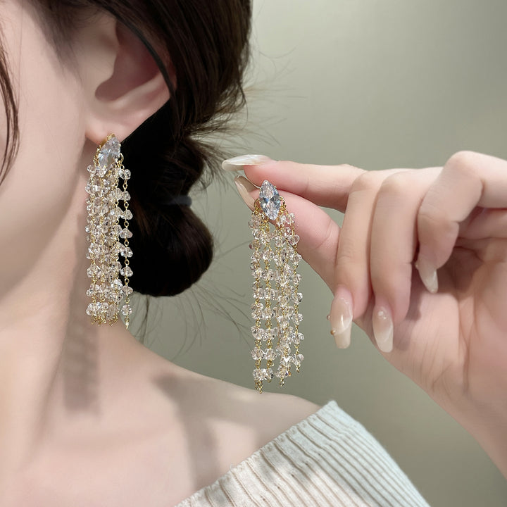 Marquise Diamond Multi-Layer Crystal Tassel Long Drop Earrings, Solid S925 Silver Gold & Silver Two-Tone Heavy Banquet Jewelry