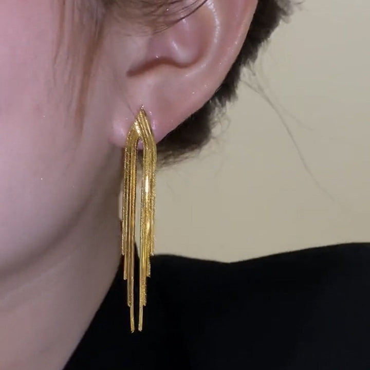 Multi-Layer Gold Tassel Long Earrings, Snake Chain Dangle Slimming Elegant Gold Drop Jewelry