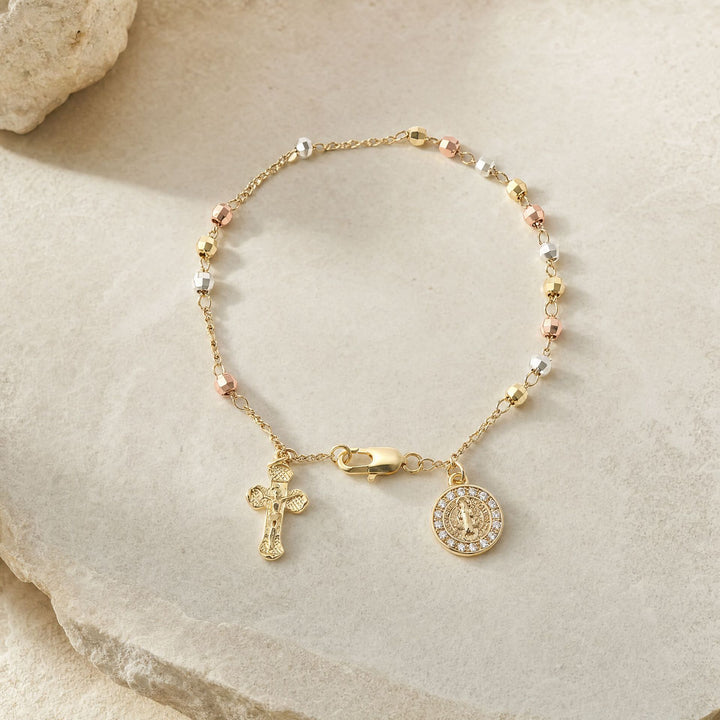 Tri-Color Faceted Bead Virgin Mary Cross Bracelet, Religious Diamond Saint Medal Jewelry, Gold Plated Rosary Bracelet for Women