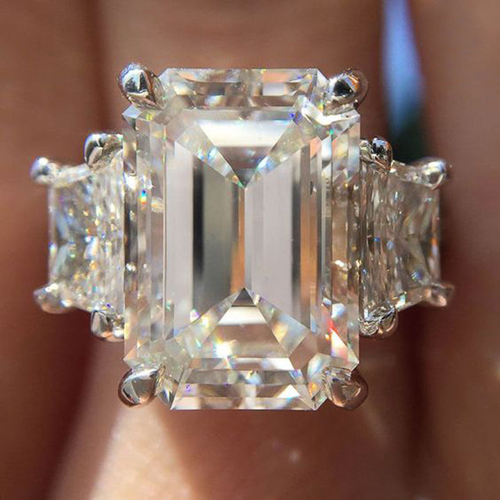 Emerald‑Cut Three‑Stone Diamond S925 Sterling Silver Engagement Ring