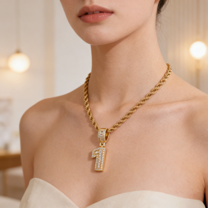 Iced-Out Number Pendant Necklace (Gold Tone Hip-Hop Style Twisted Chain)