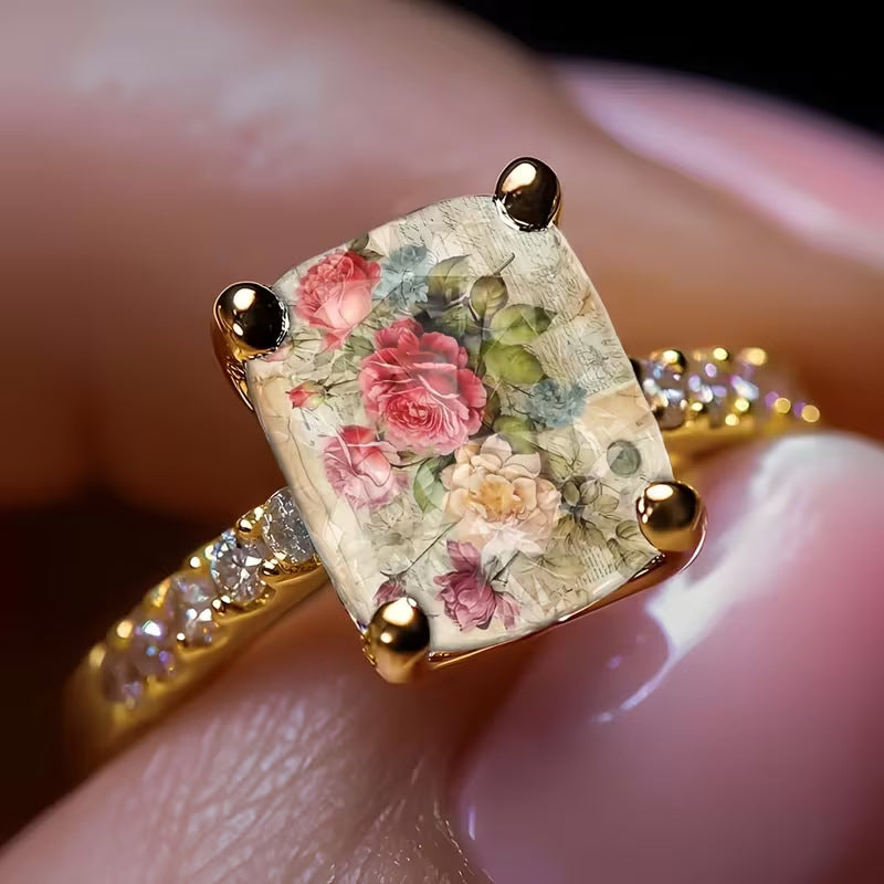 Vintage Oil Painting Rose Crackle Rectangle Resin Stone Pave Ring, Solid S925 Silver Gold-Plated French Artistic Floral Band