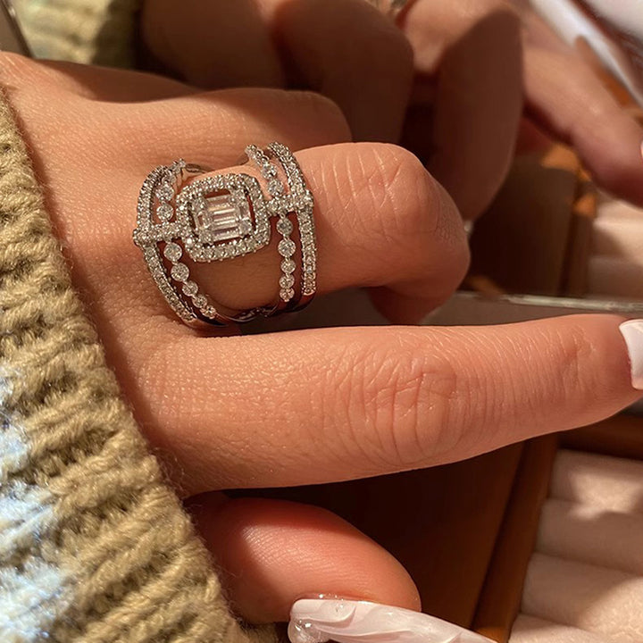 Luxury Double Layer Square Diamond Tassel Ring, European Heavy Paved Geometric Hollow Elegant Ring for Women