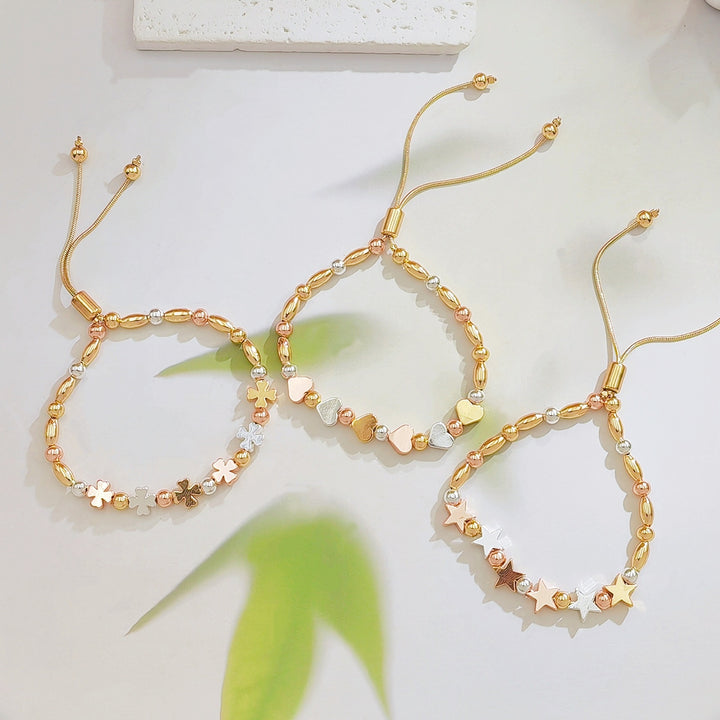 Tri‑Color Metal Beaded Adjustable Bracelet, Heart/Star/Four‑Leaf Clover Styles