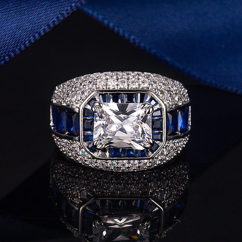 Emerald‑Cut Center Stone Luxurious Pavé S925 Sterling Silver Men's Ring, Two‑Tone Available