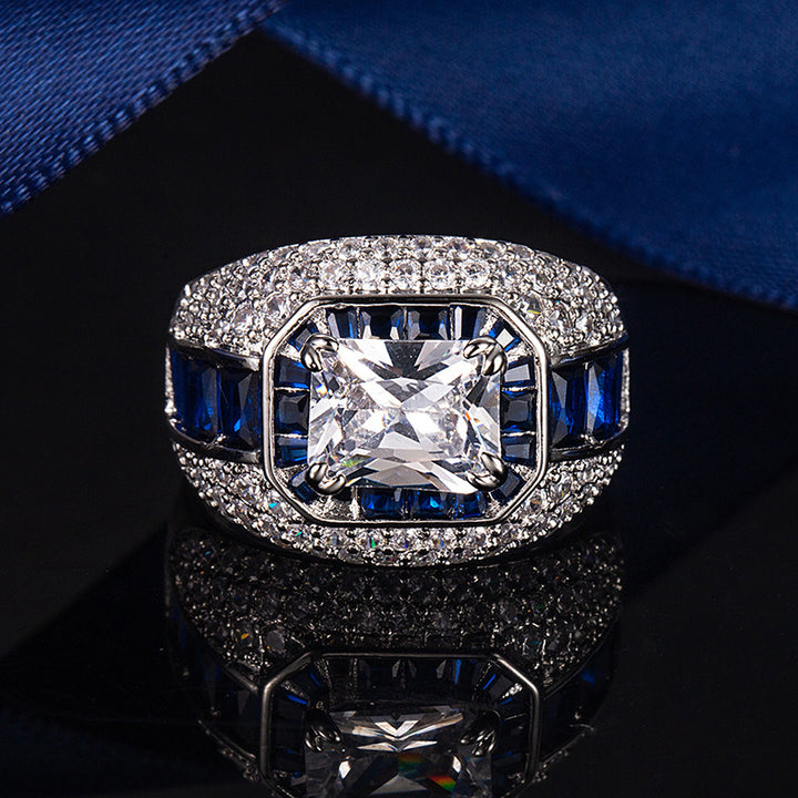 Emerald‑Cut Center Stone Luxurious Pavé S925 Sterling Silver Men's Ring, Two‑Tone Available