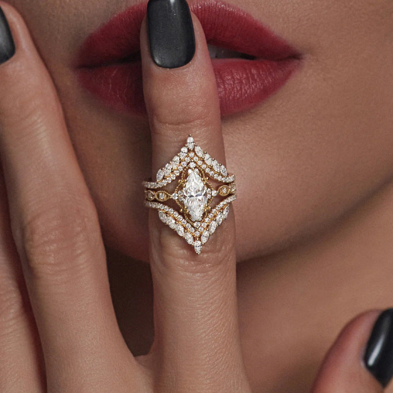 Marquise‑Cut V‑Shape 3‑Piece Stackable Ring Set, Three‑Tone Options