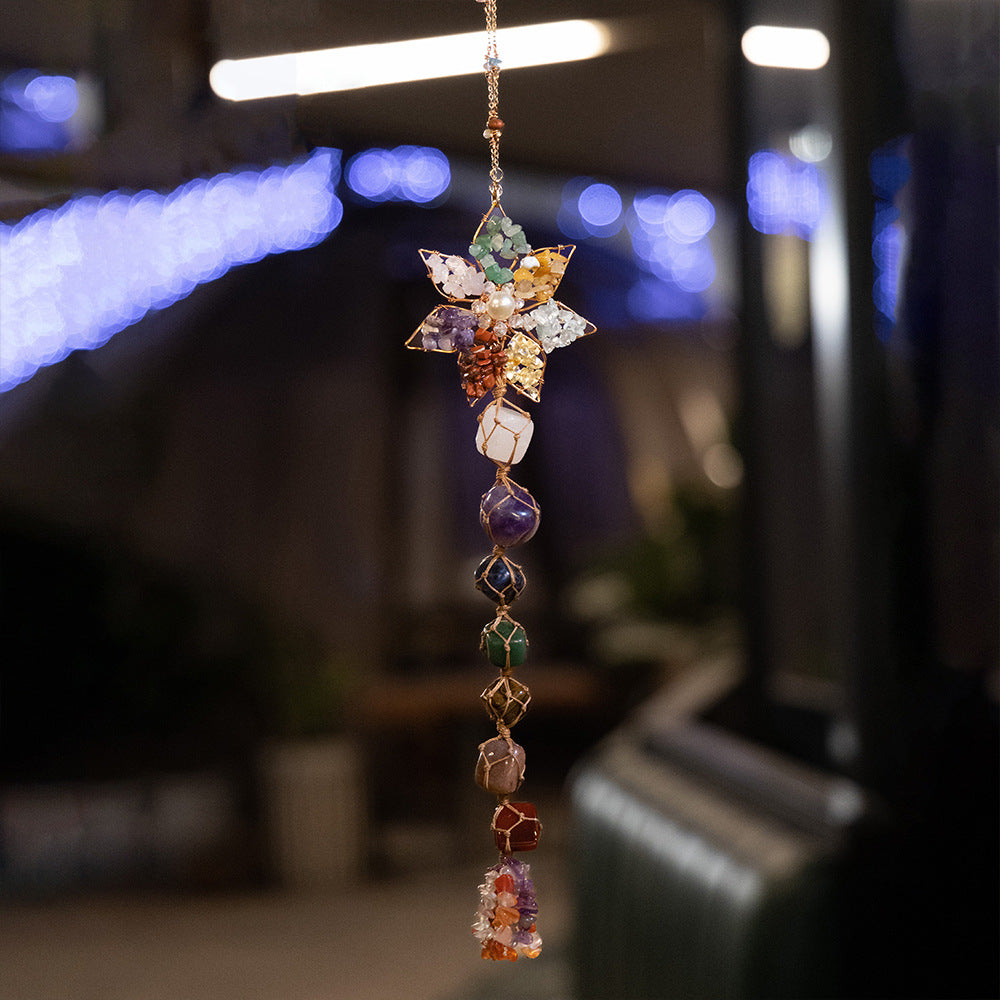 7 Chakra Six-pointed Star Natural Crystal Hanging Ornament, Hand Wire Wrapped Raw Stone Rearview Mirror Pendant Bohemian Home Wall Decor