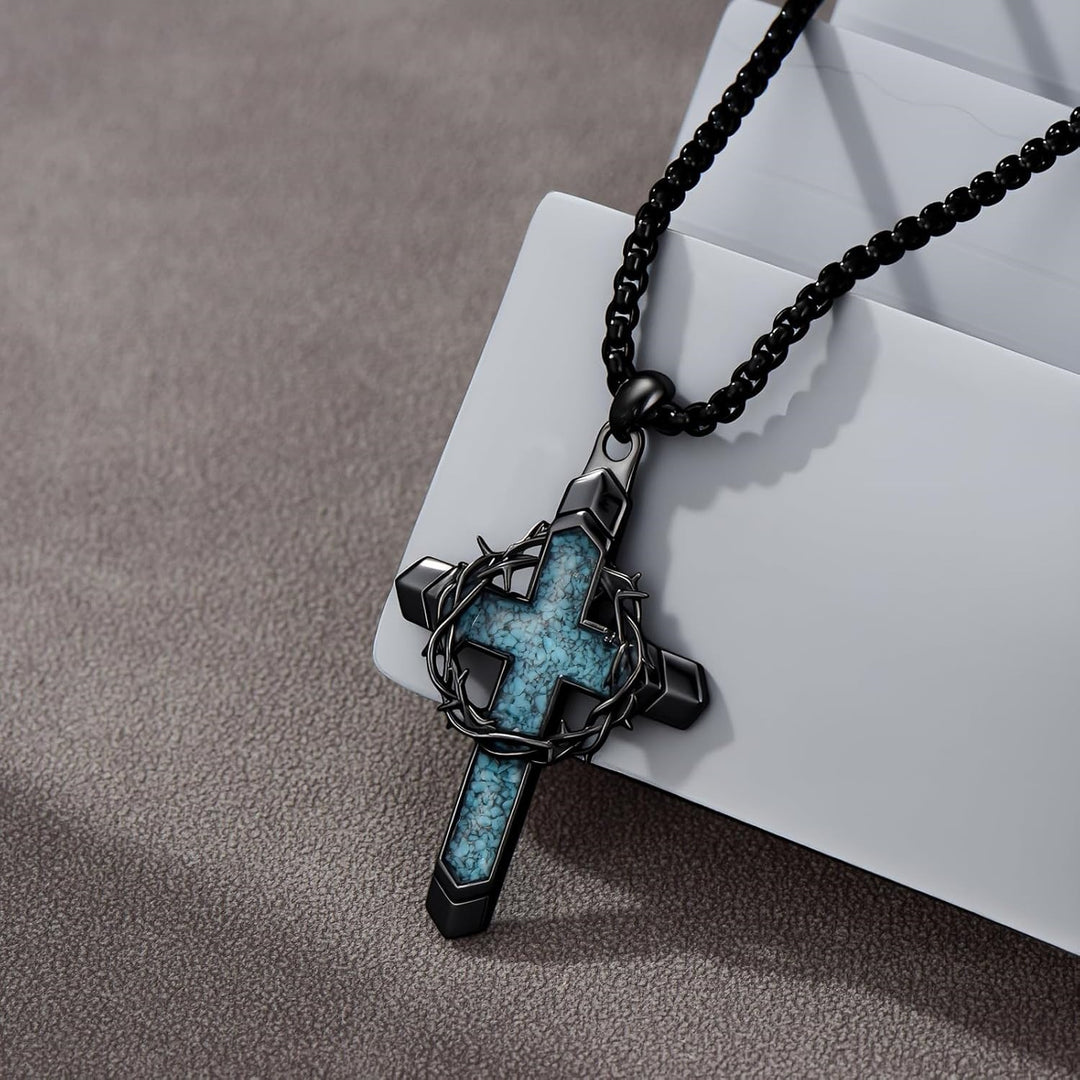 Thorn Wrapped Turquoise Chip Cross Necklace, Gold & Silver Vintage Punk Necklace for Men