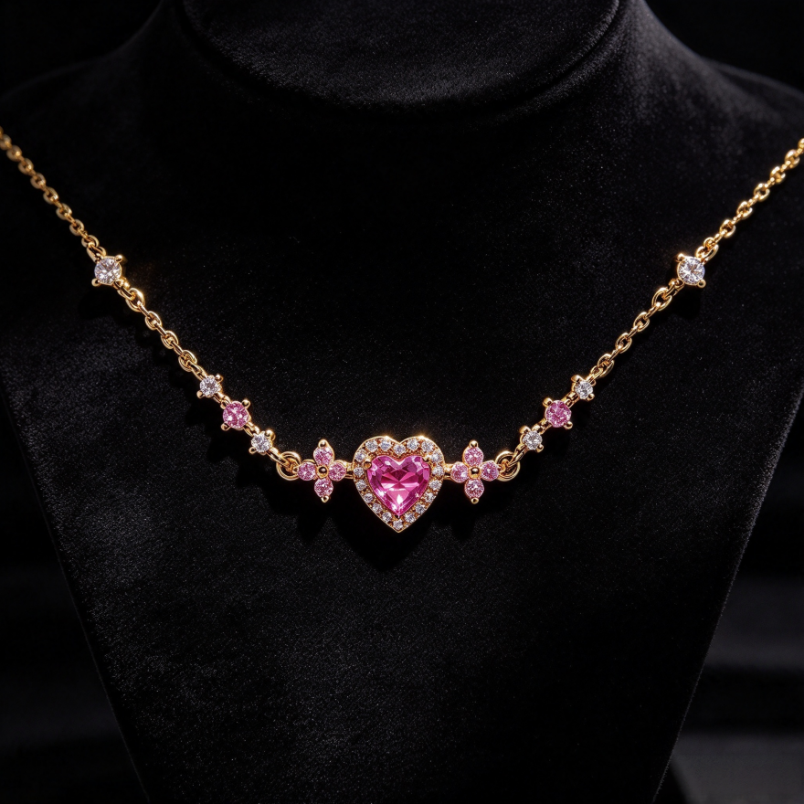 S925 Silver Pink Heart Diamond Choker, Sweet Floral Pink Diamond Necklace for Women, Gold & Silver Two Tones
