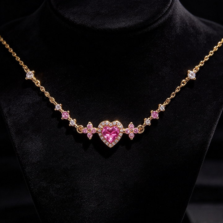 S925 Silver Pink Heart Diamond Choker, Sweet Floral Pink Diamond Necklace for Women, Gold & Silver Two Tones
