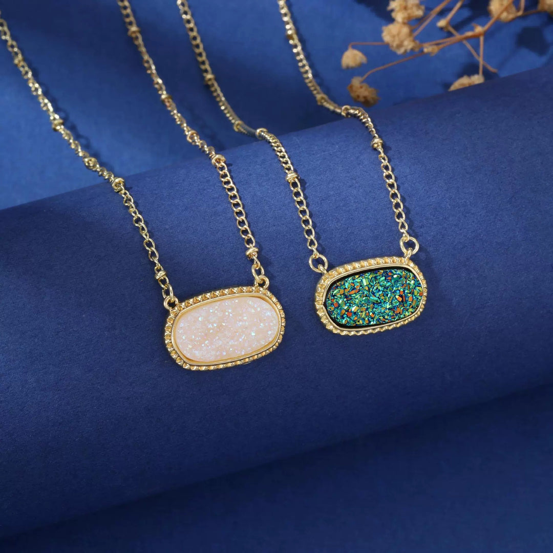 Rectangular Druzy Crystal Pendant Necklace, 14K Gold & Silver Dainty Satellite Chain, Sparkly Crushed Crystal Trendy Necklace, Multiple Colors Available