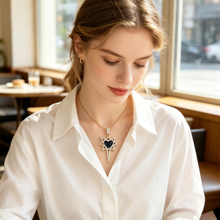 Black Gold Enamel Octagram Pave Diamond Collarbone Necklace, 2 Styles Sweet Cool Heart Star Y2K Niche Minimal Jewelry
