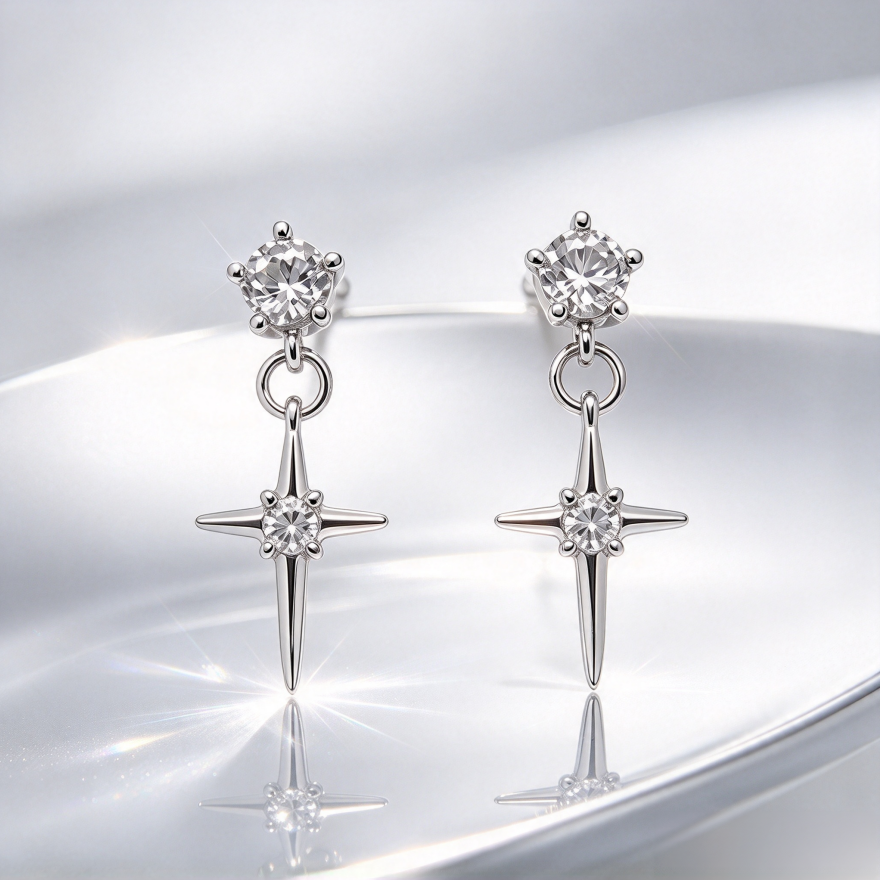 Star Drop S925 Silver Stud Earrings, Double Diamond Cross Star Dangle Earrings, Cool Luxury Unisex Earrings