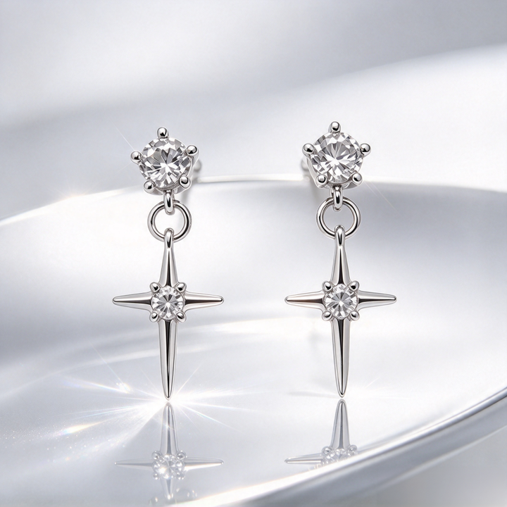 Star Drop S925 Silver Stud Earrings, Double Diamond Cross Star Dangle Earrings, Cool Luxury Unisex Earrings