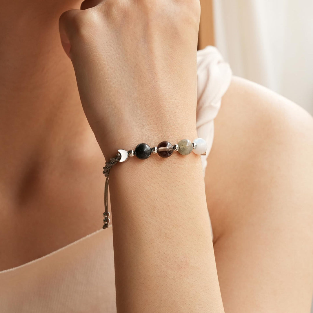 Moon Phase Natural Crystal Adjustable Braided Bracelet, Solid S925 Silver Crescent Healing Energy Stone Wristband, 2 Cord Color Options