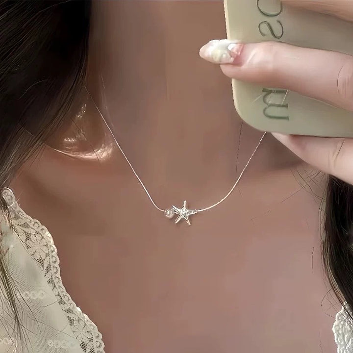 Starfish & Pearl Pendant Necklace (Silver Ocean-Inspired Choker)