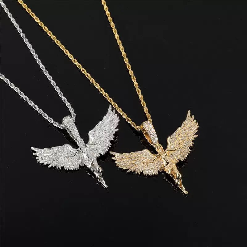 Iced‑Out Spread‑Wings Angel Pendant Hip‑Hop Necklace, Gold & Silver Two‑Tone Options