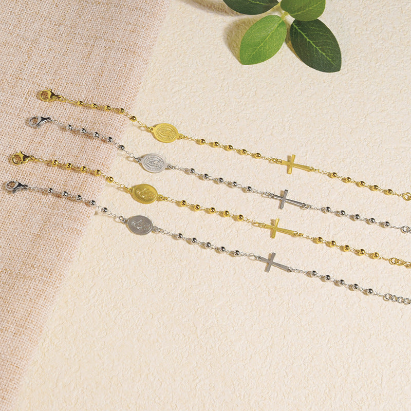 Beaded Chain Cross & Saint Medal Bracelet, Gold & Silver Minimal Religious Jewelry
