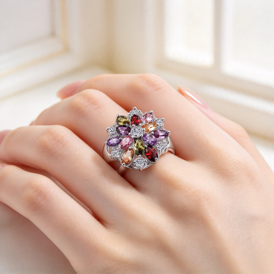 Multicolor Marquise Gemstone Floral S925 Silver Ring