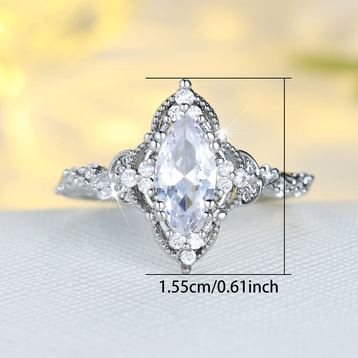 S925 Silver Vintage Marquise Diamond Ring, Ornate Hollow Carved Engagement Women’s Band