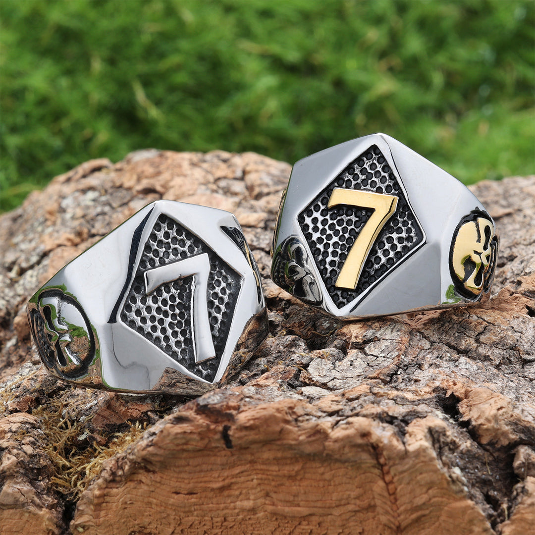 Lucky Number 7 Symbol Ring (Vintage American Biker Style Band)