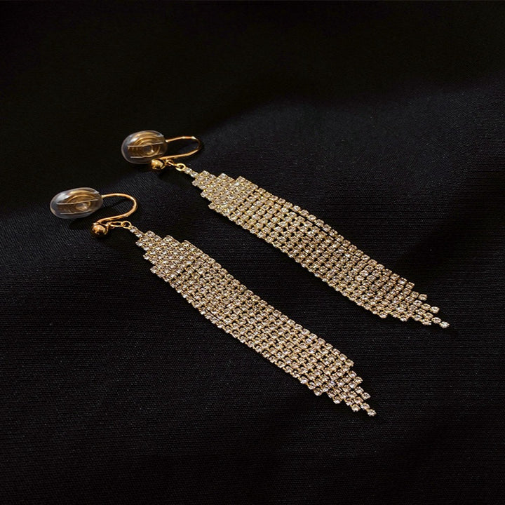 Tiered Paved Diamond Long Tassel Earrings, Silicone Clip-On & Hook Versions Gold Silver Sparkling Banquet Dangle Jewelry