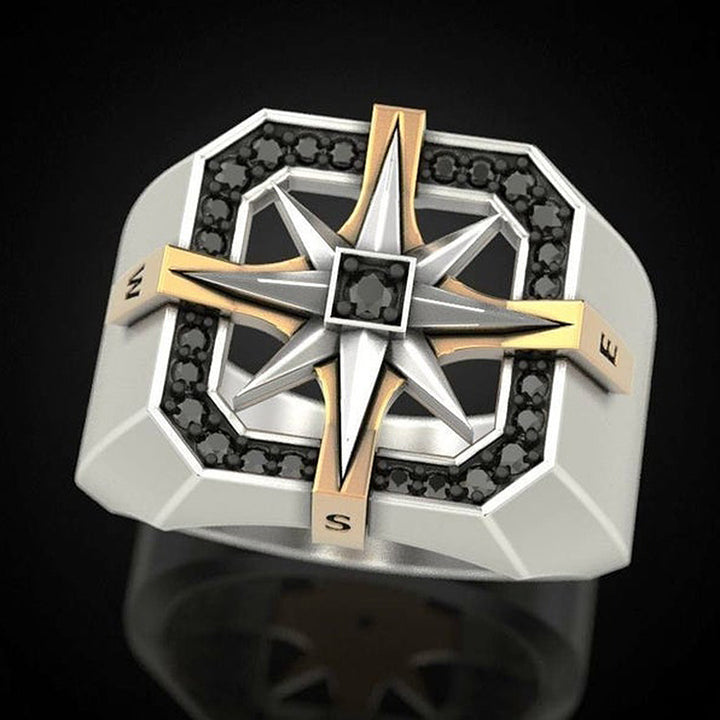 Two-Tone Compass Star Men's Ring, Vintage Contrast North Star Signet Ring, American Workwear Style Band