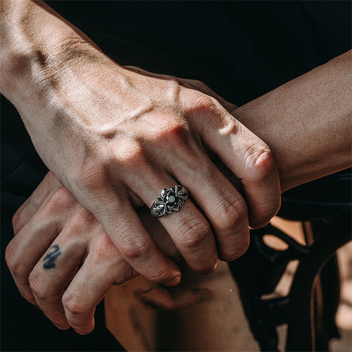 Vintage Lotus Cross Black Stone Ring (Gothic Dark Band)