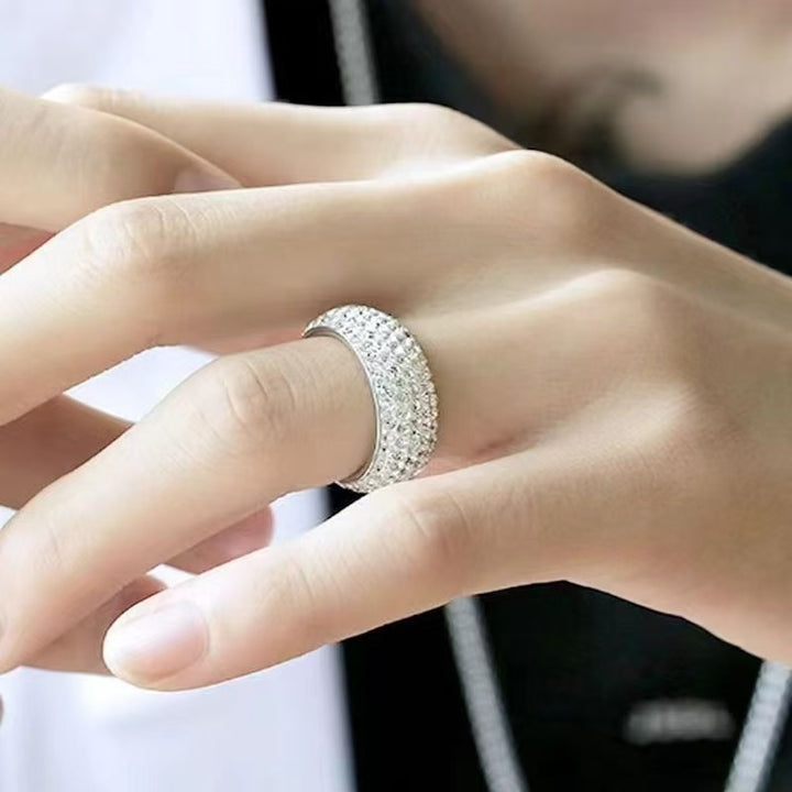 3-Row Paved Diamond Dome S925 Silver Ring, Two-Tone Full Diamond Wide Band