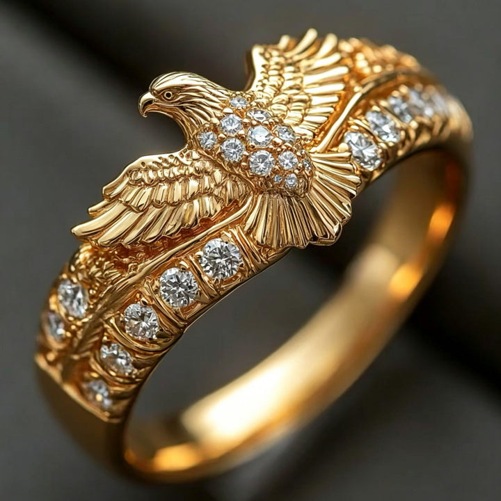 3D Eagle Embossed Pave Diamond Gold-Tone Men’s Wide Ring, Solid S925 Silver Vintage Heavy Eagle Totem Gem Band