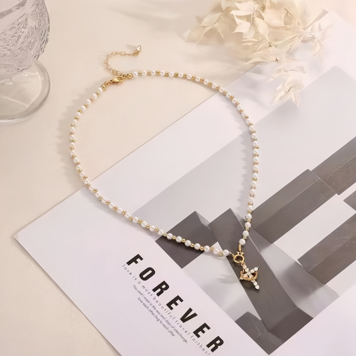 Gold-White Contrast Pearl & Pave Cross Necklace (Sweet-Cool Retro Light Luxury Style)
