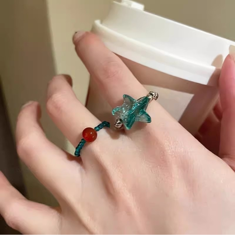 Ocean-Inspired Star Beaded Stretch Ring (2pcs Cute Stackable Band Set)