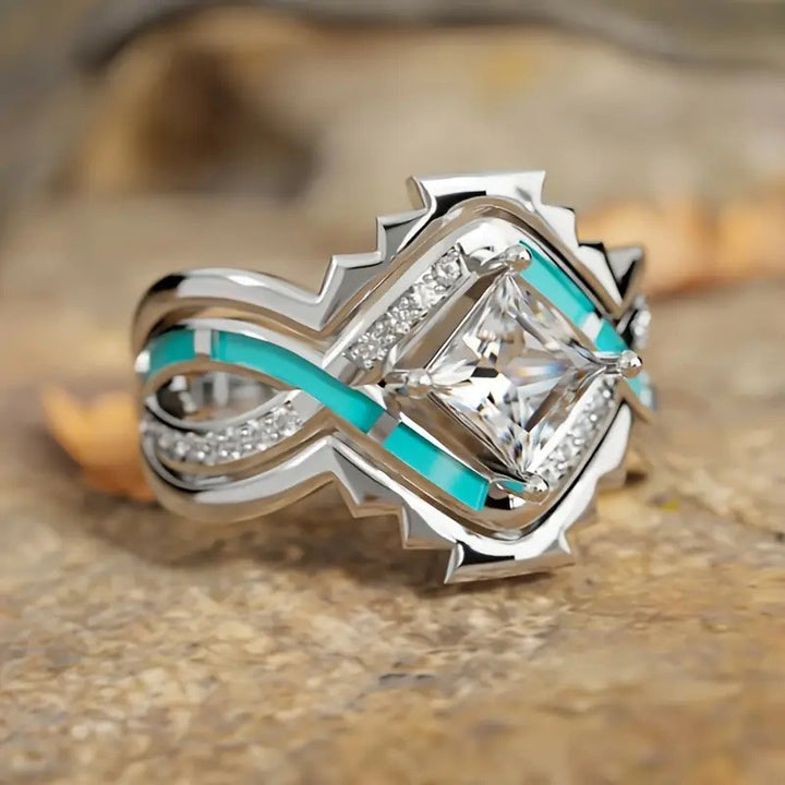 Native American Style Turquoise Inlay Diamond Stackable Ring Set, Square Gem Luxury Engagement Stacking Band