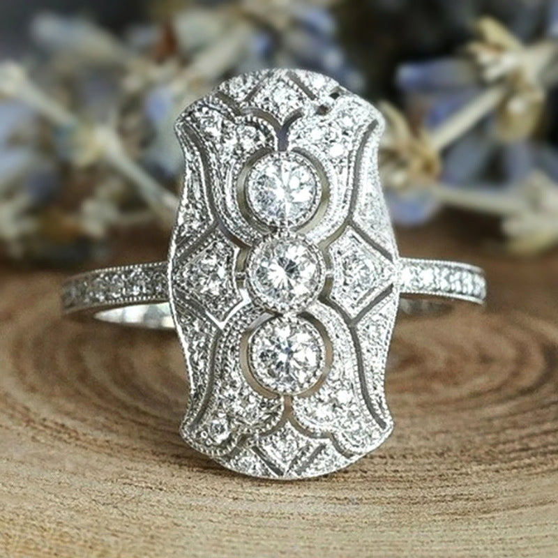 Edwardian Vintage Three-Diamond Openwork Milgrain Wide Ring, Solid S925 Silver Full Pave Antique Engagement Band