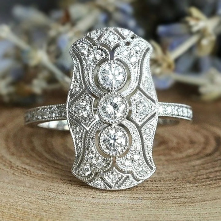 Edwardian Vintage Three-Diamond Openwork Milgrain Wide Ring, Solid S925 Silver Full Pave Antique Engagement Band