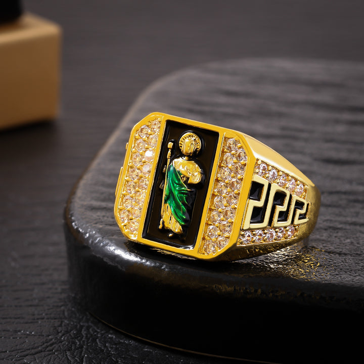 Green Robe Saint Paved Diamond Square Signet Ring, S925 Silver Gold Plated Western Religious Heavy Vintage Band For Men