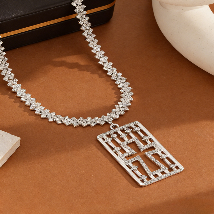 Full-Pavé Cross Pendant V-Shape Tennis Chain Necklace (Silver Tone Evening Jewelry)
