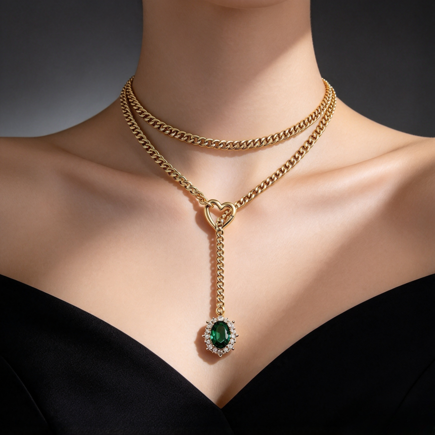 Double Layer Heart Clasp Colored Gem Y-Necklace