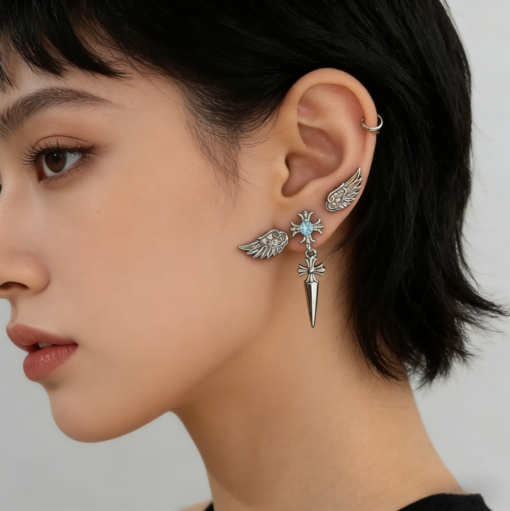 Wings & Cross Dagger Stud Set (Dark Goth Punk Earrings)