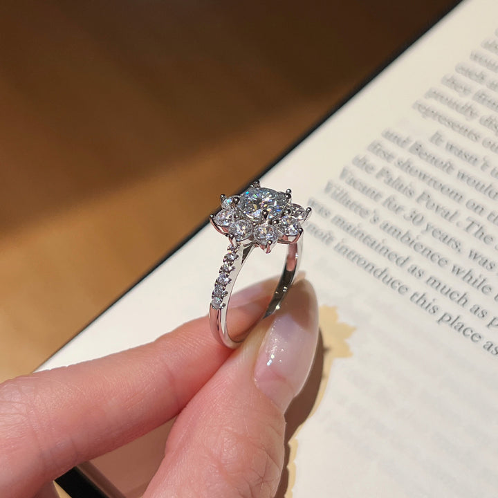 S925 Silver Sunflower Halo Diamond Ring, Luxury Pave‑Shank Engagement Proposal Women Ring