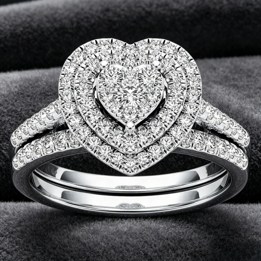 Double Layer Heart Full diamond Stackable Ring Set (Delicate Luxury Engagement Band)