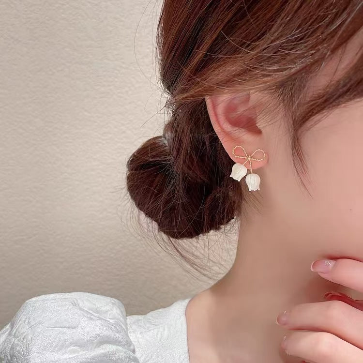 S925 Silver Bowknot Lily of The Valley Dangle Earrings, Gentle Style White Flower Long Drop Earrings