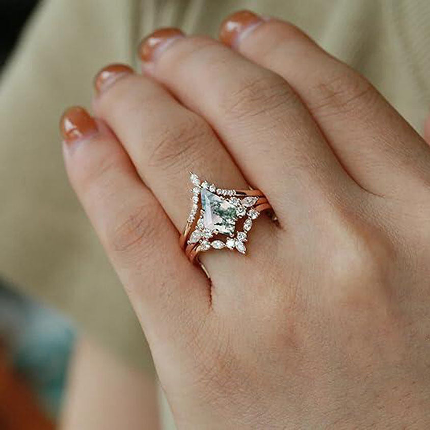 Kite‑Cut Moss Agate Three‑Piece Stackable Ring Set, Three‑Color Options