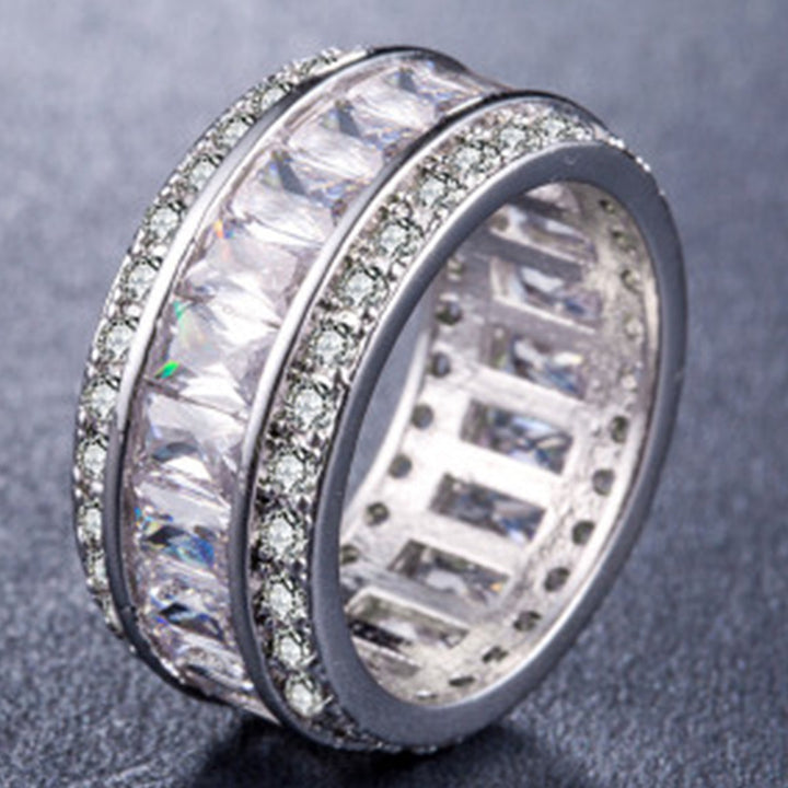 Double Layer Full Eternity S925 Silver Ring, Wide Band with Colorful / Clear Baguette Diamonds, Luxury Banquet Stackable Ring