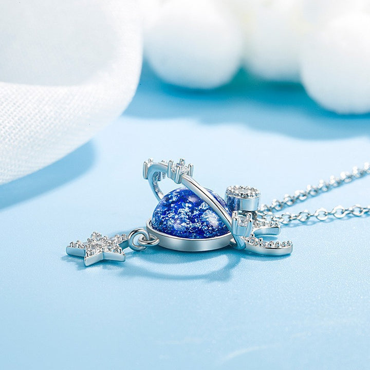 Moon Star Planet Blue Glitter Resin Necklace, Luxury Paved Diamond Starry Sky Dainty Clavicle Necklace for Women